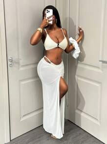 BamGleam Plain Textured Bikini Set With Matching Women's Maxi Dress For Summer Beach Vacation - Apricot - View 3