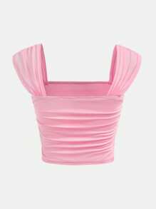 SHEIN Girlism 青少年女孩纯色方领褶皱网眼休闲背心，春夏季 - 粉色 - 查看 2