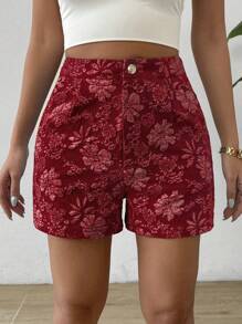 Flirla Women's Floral Jacquard Pleated Random Hem Shorts For Vacation - Burgundy - View 5