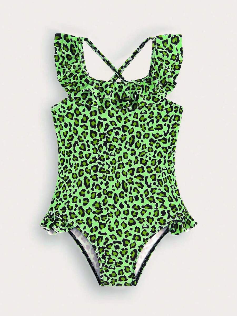 SHEIN New Fashionable Girls Leopard Print Full-Coverage One-Piece Swimsuit - Green - View 1