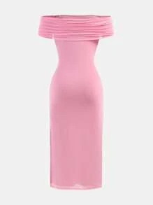 SHEIN Girlism TEENGIRL Pink Elegant Off-Shoulder Pleated Mesh Snug Fit Dress,Party Dress - Pink - View 2