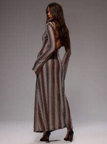 MUSERA 女士长款针织连衣裙，纹理图案，长袖镂空修身设计，优雅春夏沙滩泳装婚礼宾客伊比沙岛节日度假条纹款 - 彩色 - 查看 3