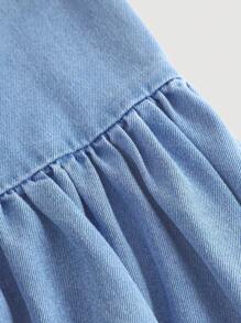 SHEIN Teen Girl Floral Embroidered Puff Sleeve Denim Dress, Summer - Light Wash - View 4