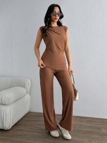 SHEIN Stile casual, colore lucido a costine, top con dettagli raccolti sui lati