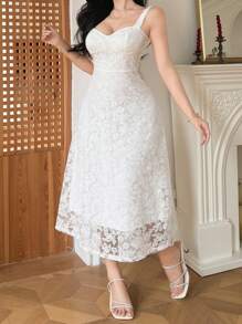 DAZY 女式长款蕾丝方领无袖吊带裙，荷叶边 - 米色 - 查看 4