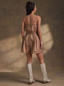 Stretch Twill Cute Strapless Pleated Skirt Fit & Flare Belted Utility Mini Tube Dress Spring Summer Beach Vacation - Brown - View 2