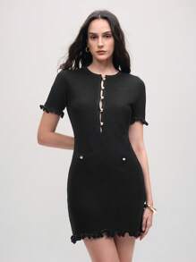 Aveloria Vestido de malha slim fit de renda preta de luxo francês