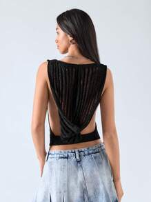 LYSMO Halter Hooded Ribbed Semi-Sheer Textured Knit Top, Cool And Hot Girl Style, Fashion Forward - Black - View 2