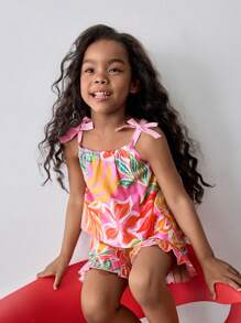 Maija Kids Maija Kids Bộ 2 áo yếm họa tiết hoa giản dị rộng rãi cho bé gái và quần short viền bèo nhún - Bụi hồng - Xem 5