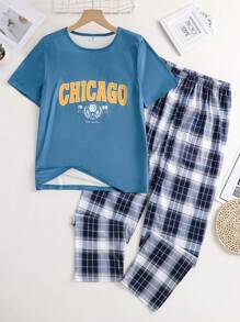 SHEIN 2 件青少年男童字母图案舒适休闲短袖 T 恤和裤子家居服套装 - 藍色 - 查看 3