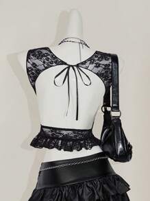 SHEIN ICON Y2k 哥特短款节日派对透视露背波西米亚风性感黑色蕾丝透明短款吊带背心适合春夏日常穿着 - 黑色 - 查看 2
