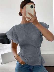 Siren Gaze Blusa casual con cuello redondo y volantes, cintura recogida, para mujer, de verano