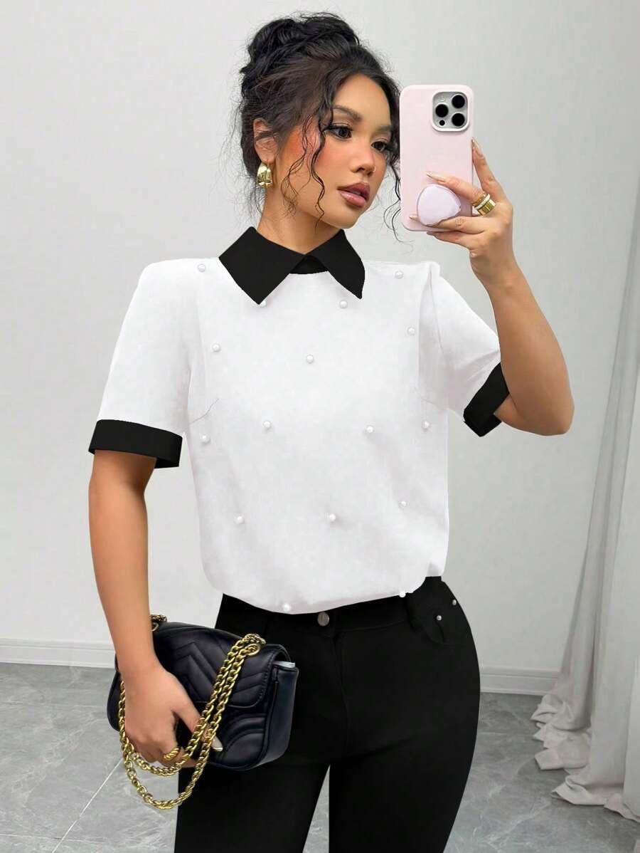 Elenzga Áo sơ mi tay ngắn đính ngọc trai phối màu cho nữ, Xuân/Hè - Đen và trắng - Xem 1