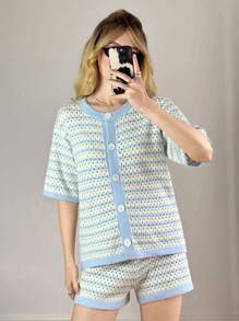 Forever 21 春夏度假休闲彩虹少女清爽蓝色条纹纹理女式开衫 - 彩色 - 查看 3