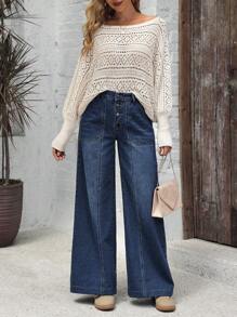 EMERY ROSE Women's Button Front Pockets Loose Fit Wide Leg Casual Jeans - Dark Wash - View 3