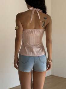 SHEIN Unity Women's Solid Color Pleated Halter Neck Blouse - Pink - View 2