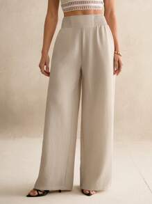 SHEIN Tall Quần ống rộng đi nghỉ hè thoải mái có cạp chun - Màu Khaki - Xem 7