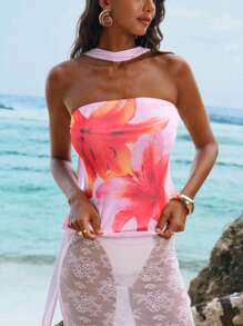 Opulessa Floral Print Knitted Mesh Fitted Camisole Top For Women - Pink - View 3