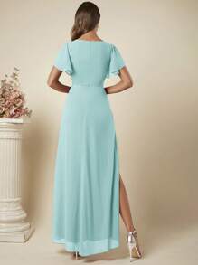 SHEIN Belle Váy phù dâu thanh lịch cổ chữ V tay bèo xẻ viền màu trơn cho phụ nữ trưởng thành - Màu xanh bạc hà - Xem 2