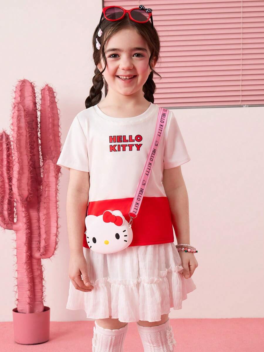 HELLO KITTY AND FRIENDS | SHEIN 年轻女孩卡通骑自行车印花红色 T 恤，俏皮可爱