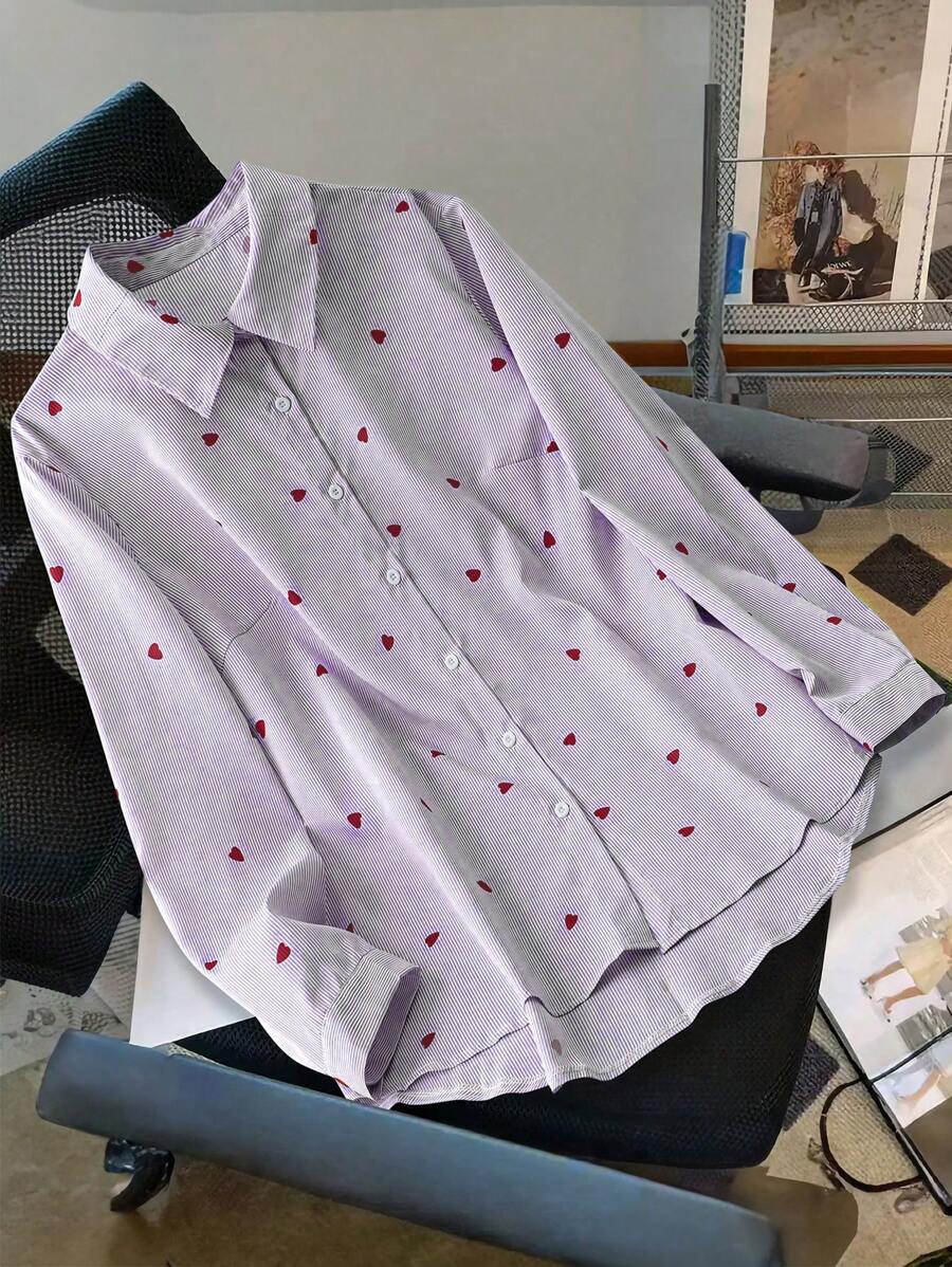 Flirla Fashionable Casual Loose Shirt Collar Long Sleeve Loose Shirt, Valentine, Rose, Heart, Polka Dot, Love, Lip, Cupid, 28D Flower - Multicolor - View 1