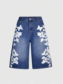 ROMWE MEN Street Life Men's Loose Fit Floral Butterfly Print Patch Pocket Wide Leg Casual Baggy Jeans - Blue - View 2