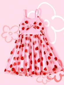 SHEIN Fată tânără, elegantă, dulce, luxuriantă, minunată, rochie de prințesă din plasă de căpșuni, potrivită pentru copiii de 4-7 ani, perfectă pentru petrecerea de aniversare, fotografie, joc costumat, activități în aer liber, stațiune de vacanță, parc tematic