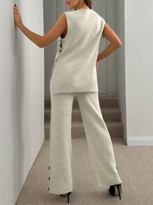 EURMUSE Elegancki zestaw tuniki i spodni z bocznymi guzikami, dzianinowe komplety