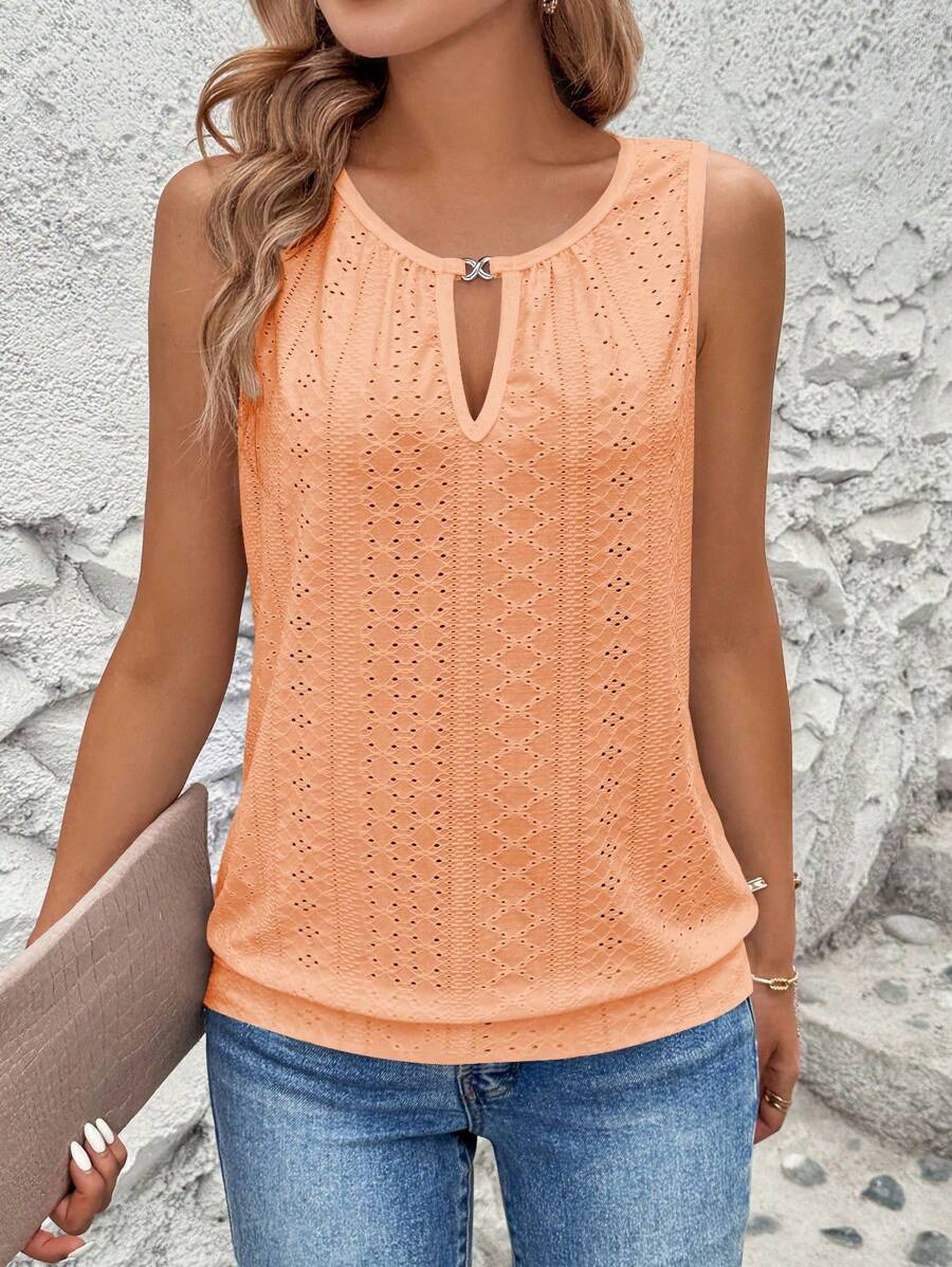 Calvaya Women's Laser Cut & Embroidery Keyhole Neck Solid Color Casual Tank Top, Summer - Orange - View 1