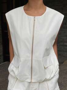 Livesso 女士圆领拉链无袖短夹克背心，百搭 - 白色 - 查看 7