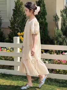 DAZY 少女碎花方领短袖连衣裙，夏季返校季度假装 - 白色 - 查看 3