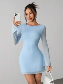 SHEIN PETITE Váy lưới tay kèn hở lưng gợi cảm mới cho nữ vào đầu thu - Màu xanh nhạt - Xem 2