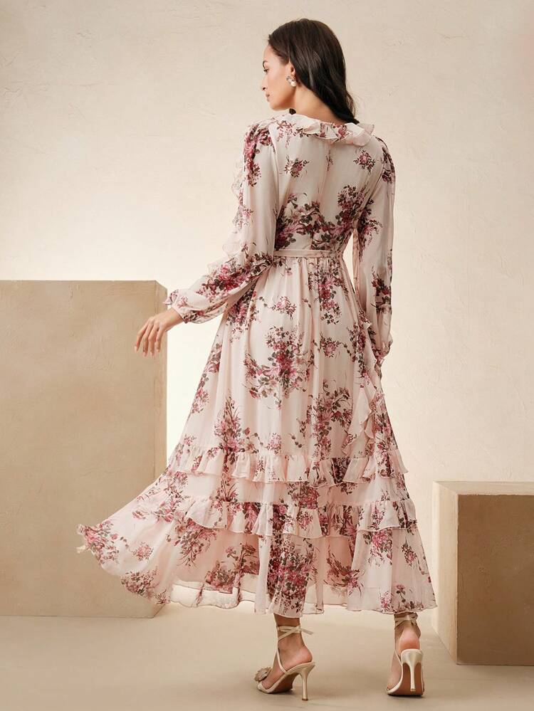 Romantic Vacation Style V-Neck Chiffon Printed Long Sleeve Dress With Belt For Women,Spring, Holiday, Casual, Festival, Vacation