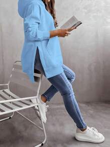 INAWLY Women's Solid Color Hoodie With Large Pockets And Side Slits, Casual - Blue - View 2