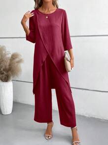 EMERY ROSE 2pcs Set: 3/4 Sleeve Shirt And Elastic Waist Long Pants - Hot Pink - View 5