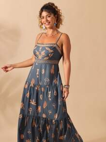 Sunserae 大码女式松紧腰花卉印花连衣裙，波西米亚风度假西装 - 綠色 - 查看 7