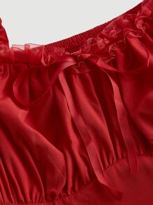 SHEIN MOD 大码红色超长蕾丝荷叶边维多利亚复古超长连衣裙、派对礼服、舞会礼服，工艺精湛 - 紅色 - 查看 3