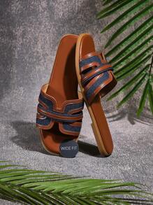 SHUZIA Glamorous Multi Color Tan Navy Pu Leather Wide Fit Fashionable Summer H Style Sandal Slide Shoe - Navy Blue - View 5