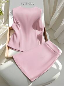 Franclia 女士优雅通勤背心裙套装 - 粉色 - 查看 2