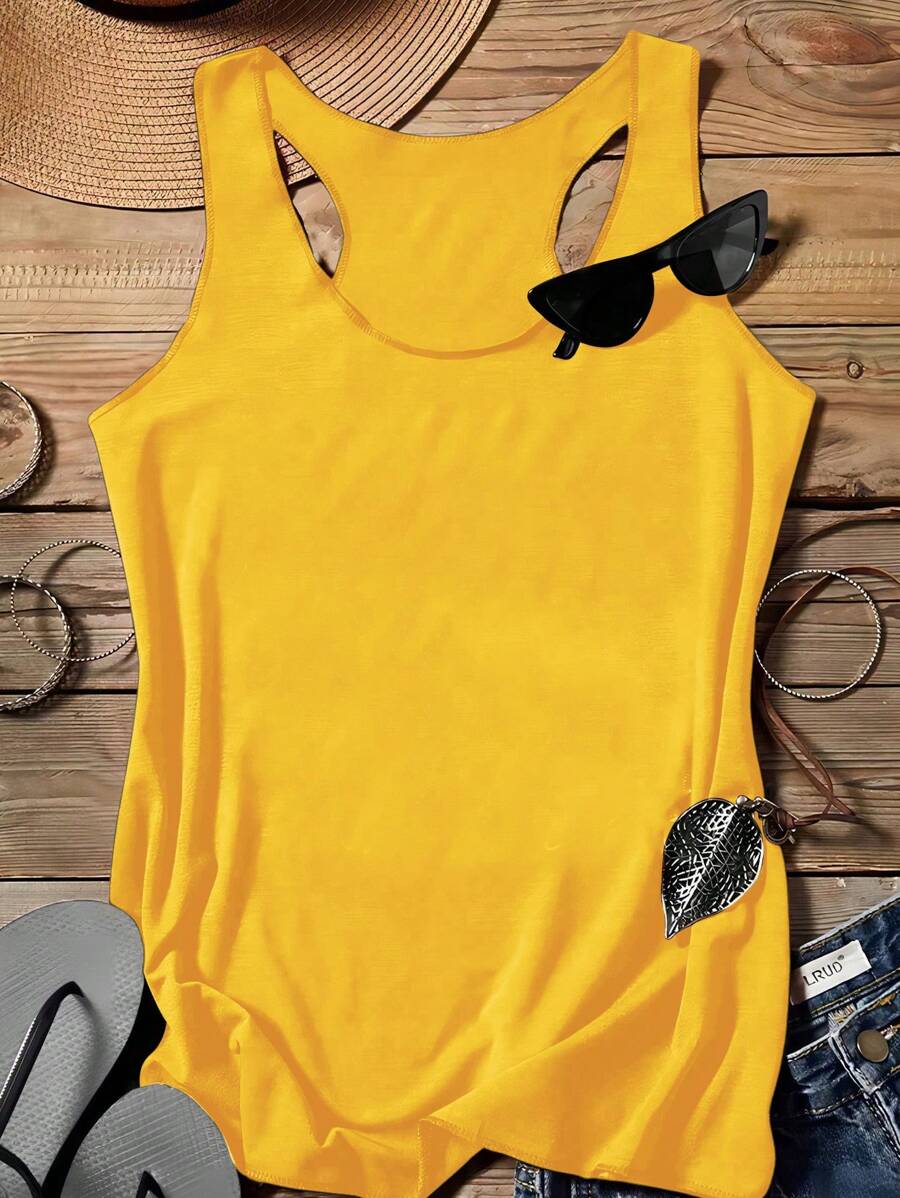 SHEIN LUNE 女士休闲纯色露背背心，夏季百搭 - 薑色 - 查看 1