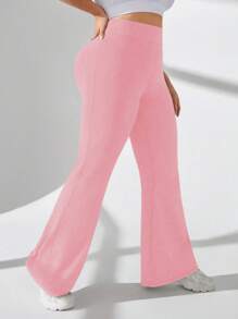 Easithlete Plus Size Casual Solid Color High Waist Flared Sports Pants - Pink - View 4