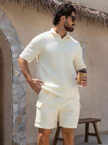 DAZY Men's Beige Textured Polo Shirt & Shorts Set, Summer - Beige - View 8