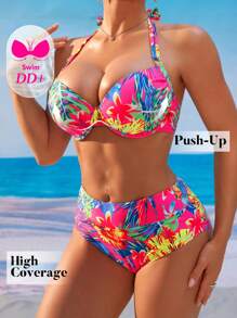 Swim DD+ DD+ Push-Up Underwired Tropical Print Bikini Set For Summer Beach Vacation - Multicolor - View 4