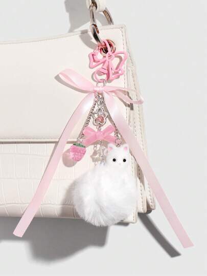 Kawaii 1pc Cute Aesthetic Bowknot Pom Pom Strawberry Flocked Cat Head Keychain, Fashionable Accessory Gift For Girls And Women, Suitable For Daily Wear And Holidays