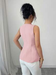 Elenzga Camicia elegante da donna senza maniche e senza colletto, casual e adatta per l'ufficio, di colore unito con scollo a V, decorazioni con bottoni effetto perla, aderente