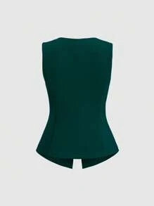 Sweetra 简约法式简约基本款金属大纽扣无袖女士薄款西装外套 - 墨綠色 - 查看 2