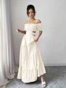 Rafferiza 休闲 - 度假休闲露肩蝴蝶结背心连衣裙 - 杏色 - 查看 4