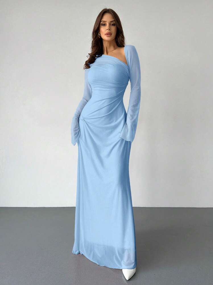Firerie Women's Pink Asymmetrical Shoulder Mesh Long Sleeve Dress, Elegant For Work, Party, Vacation, Spring/Summer/Autumn Dresses For Wedding Event - Baby Blue - View 7
