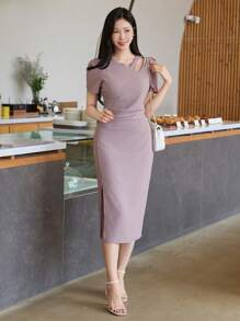 DAZY Đầm suông dài tay cổ tròn màu trơn hở vai hở lưng cho nữ - Hồng - Xem 7