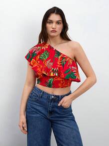 Maija 大码女式热带植物印花荷叶边单肩时尚度假上衣